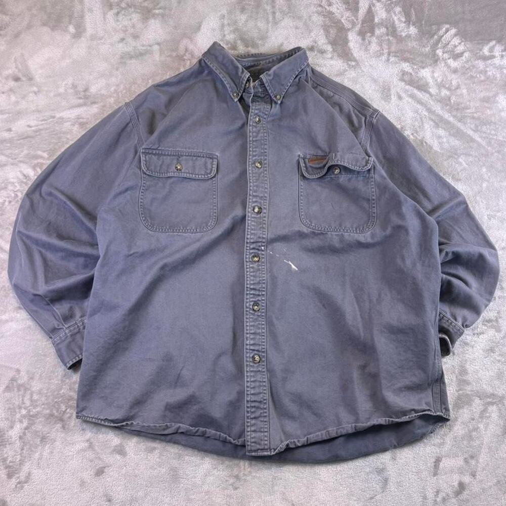 Vintage Y2K Carhartt Button Up Work Shirt XL Gray Cotton Distressed Workwear